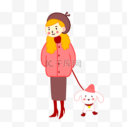 手绘卡通可爱冬季少女和小狗
