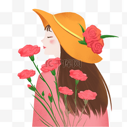 粉色樱花节海报图片_三八妇女节粉色手绘戴帽子闻花香