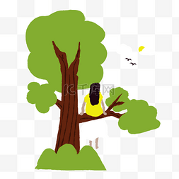 卡通插画风坐在树上的女孩