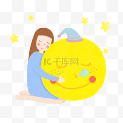 睡着的月亮图片_卡通手绘抱着月亮的女孩