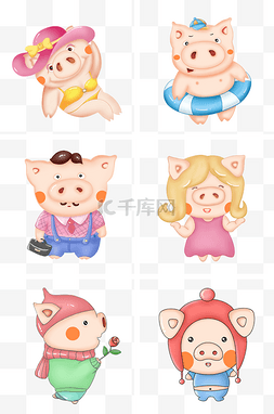 卡通动物猪图案图片_猪年红脸蛋的多种角色小胖猪图案