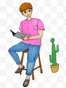文化节粉色系手绘插画风读书的男