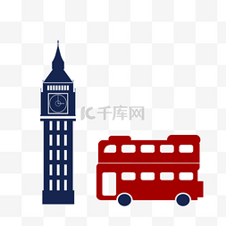 英国旅游元素图片_蓝色钟楼红色旅游车不规则图形英