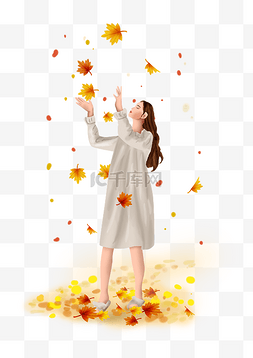 金黄色枫叶图片_立秋秋季落叶和女孩