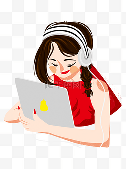 红色手绘少女图片_拿着电脑的少女装饰元素