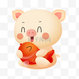 可爱的小猪插画图片_手绘抱着鲤鱼的小猪插画