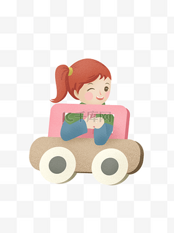 儿童彩绘插画图片_彩绘坐在小车里的女孩