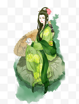 古装喝茶图片_手绘喝茶美女戴胜鸟插画