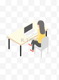 办公桌工作图片_卡通扁平女士在办公桌工作元素