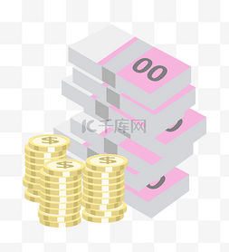 人民币钞票图片_手绘整齐的几叠钞票与金币