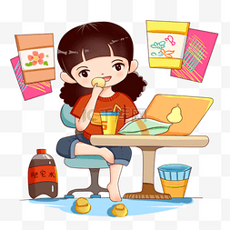女孩吃零食图片_手绘宅生活美食插画