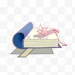 蓝色书籍粉色花朵装饰插画