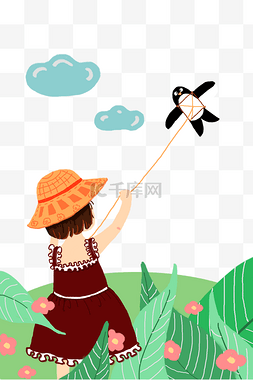 儿童放风筝卡通图片_卡通可爱放风筝的小女孩插画
