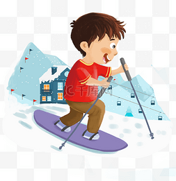 冬季旅行滑雪的小男孩