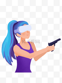 游戏美女图片_手绘卡通戴着VR眼镜做射击游戏的