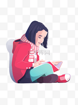 短发小女孩图片_手绘盘腿坐在地上认真看书的短发