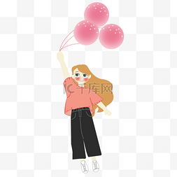 女孩迎风拉着气球奔跑插画