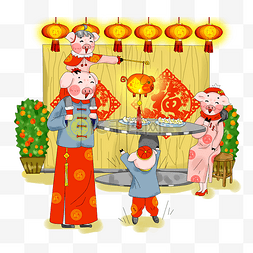 猪年喜庆背景图片_手绘厚涂猪年新春团圆吃饺子玩花
