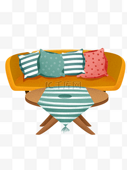 家居桌子插画图片_复古彩绘沙发和桌子设计可商用元