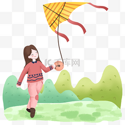 春天小女孩放风筝
