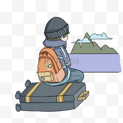蓝色手绘旅游图片_冬季旅行坐在旅行箱上的小男孩