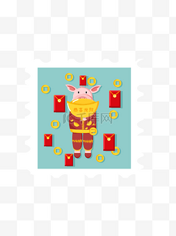 矢量简约可爱猪抱着金子猪邮票小