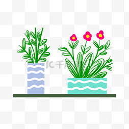 小红花条纹花瓶绿色植物