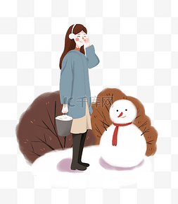 冬季素材下载图片_手绘冬季小清新堆雪人的女生下载