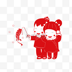 中国传统宣传图片_新年节庆儿童放鞭炮剪纸