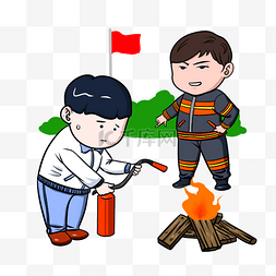 消防人员卡通图片_消防器械卡通消防员与户外灭火插
