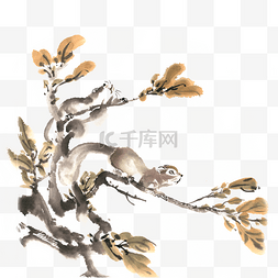 树上的小松鼠水墨画PNG免抠素材
