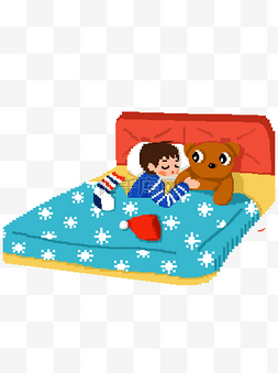 睡觉小床图片_彩绘在床上睡着的男孩像素化设计