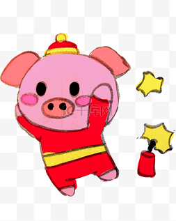 新年快乐贺新年图片_卡通粉色小猪放鞭炮贺新年