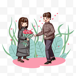 情人节小夫妻送花手绘插画