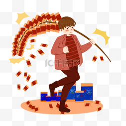 春节红色鞭炮插画图片_春节放鞭炮的小男孩