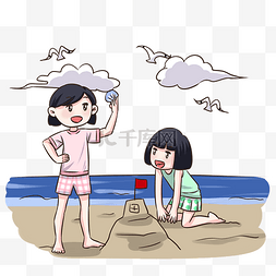 游玩海边图片_卡通手绘海边沙滩度假插画