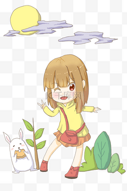 中秋节卡通萌少女和兔子