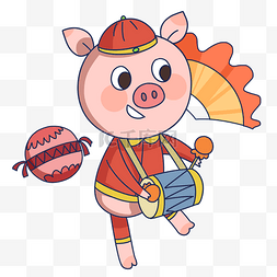 小猪吉祥物图片_手绘新年敲腰鼓可爱小猪插画