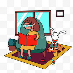 沙发免抠图片图片_手绘卡通感恩节看书的小女孩