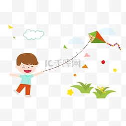 高飞的风筝图片_手绘放风筝的男孩插画