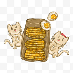 猫咪png下载图片_手绘可爱卡通猫玉米插画