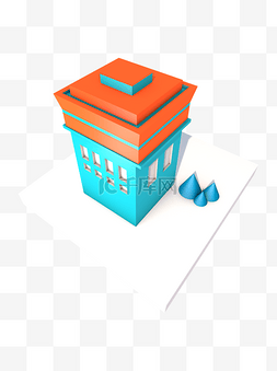 2.5d蓝色橘色立体房屋造型创意建