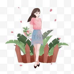 手绘植物花小清新图片_手绘拿花的女孩PNG素材