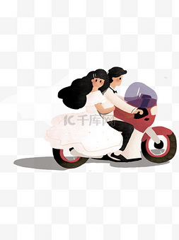 手绘新郎新娘插画图片_彩绘骑机车的新郎新娘可商用元素