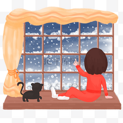 手绘窗帘图片_冬天冬季夜晚下雪窗前女孩猫咪赏