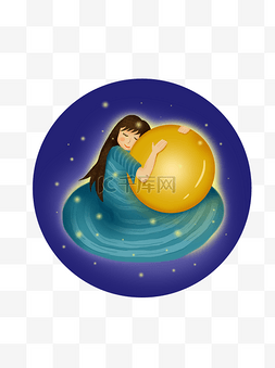 星空晚安图片_卡通治愈系夜空中拥抱月亮的女孩