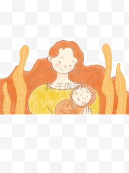 手绘怀抱孩子的年轻妈妈元素设计
