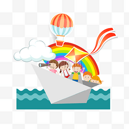 儿童热气球素材图片_儿童节孩子们出海航行