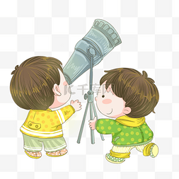 儿童插画人物图片_手绘冬季人物看望远镜插画