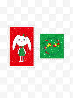 圣诞卡通邮票图片_可爱矢量圣诞兔子鹿角邮票贴纸